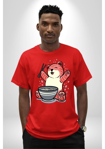 Noodle Yiyen Tatlı Kaplan Kadın Erkek Ön Baskılı Kırmızı Pamuklu Tişört Penye Klasik modelleri