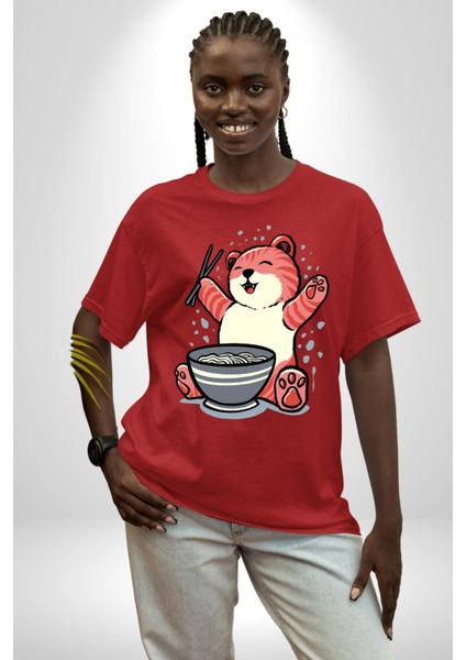 Noodle Yiyen Tatlı Kaplan Kadın Erkek Ön Baskılı Kırmızı Pamuklu Tişört Penye Klasik fırsatları