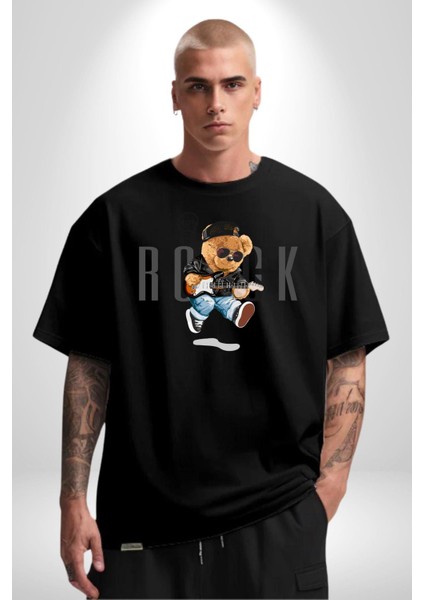 Rock Oyuncak Tatlı Ayı Kadın Erkek Ön Baskılı Siyah Pamuklu Tişört Penye Klasik fırsatları