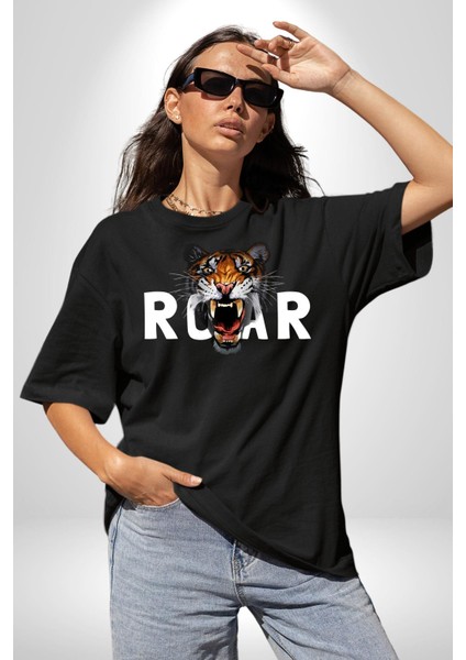 Kükreyen Kaplan Roar Kadın Erkek Ön Baskılı Siyah Pamuklu Tişört Penye Klasik modelleri
