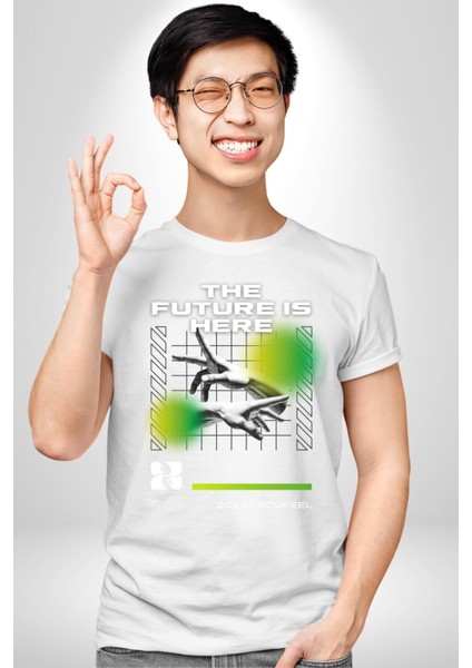 Gelecek Burada Modern Eller Kadın Erkek Ön Baskılı Beyaz Pamuklu Tişört Penye Klasik