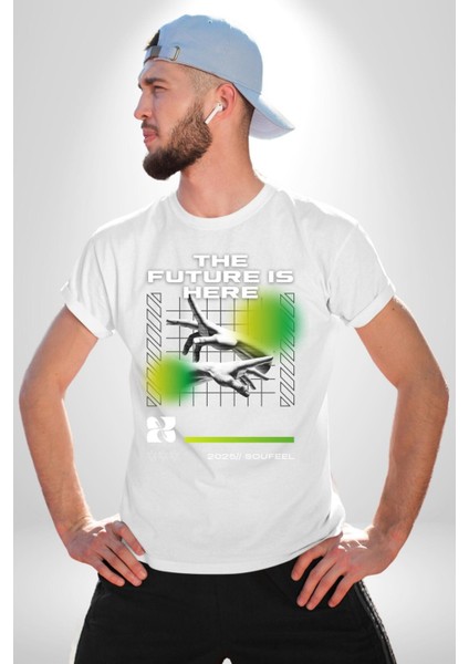 Gelecek Burada Modern Eller Kadın Erkek Ön Baskılı Beyaz Pamuklu Tişört Penye Klasik fırsatları