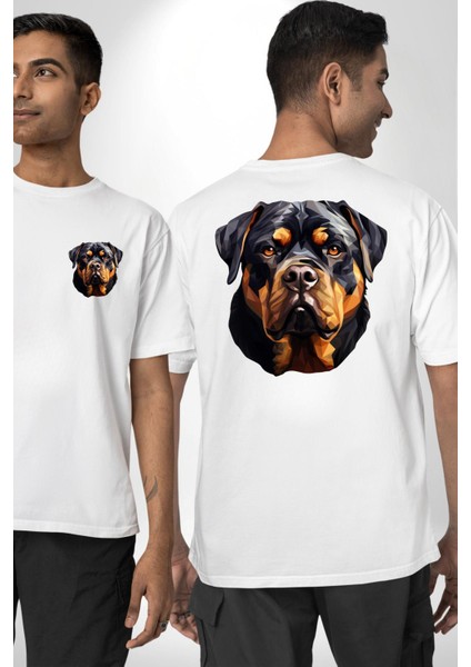 Rottweiler Alman Irkı Köpek Kadın Erkek Ön Minimal Sırt Baskılı Beyaz Pamuklu Tişört
