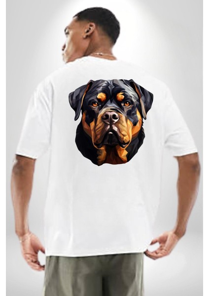 Rottweiler Alman Irkı Köpek Kadın Erkek Ön Minimal Sırt Baskılı Beyaz Pamuklu Tişört fiyatları