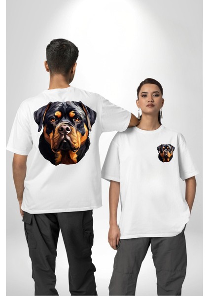 Rottweiler Alman Irkı Köpek Kadın Erkek Ön Minimal Sırt Baskılı Beyaz Pamuklu Tişört fırsatları