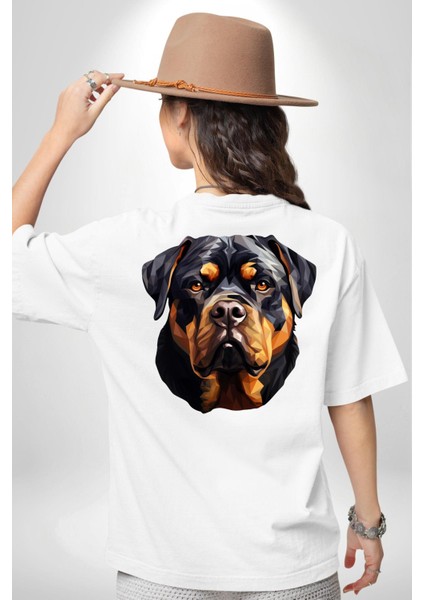 Rottweiler Alman Irkı Köpek Kadın Erkek Ön Minimal Sırt Baskılı Beyaz Pamuklu Tişört indirimleri