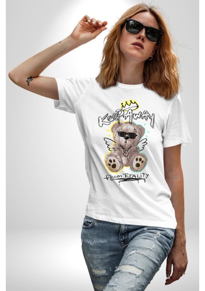 Oyuncak Ayı Sokaklar Kralı Kadın Erkek Ön Baskılı Beyaz Pamuklu Tişört Penye Klasik fırsatları