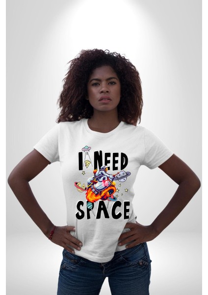 Bana Uzay Lazım Astronot Gezegenler Kadın Erkek Ön Baskılı Beyaz Pamuklu Tişört Penye Klasik