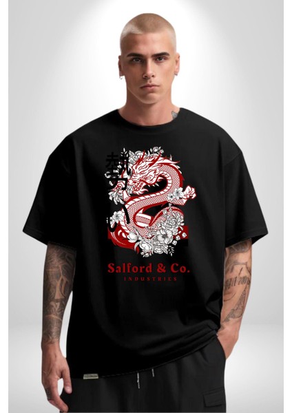 Salford And Co Indurtries Kadın Erkek Ön Baskılı Siyah Pamuklu Tişört Penye Klasik