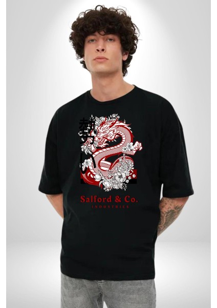 Salford And Co Indurtries Kadın Erkek Ön Baskılı Siyah Pamuklu Tişört Penye Klasik fırsatları
