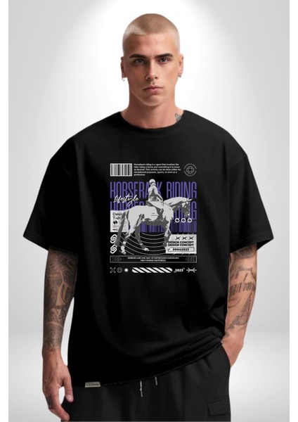 At Binme Sokak Tarzı Tasarım Kadın Erkek Ön Baskılı Siyah Pamuklu Tişört Penye Klasik