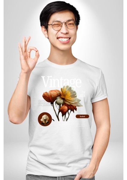 Ekildiğin Yerde Çiçek Aç Vintage Kadın Erkek Ön Baskılı Beyaz Pamuklu Tişört Penye Klasik