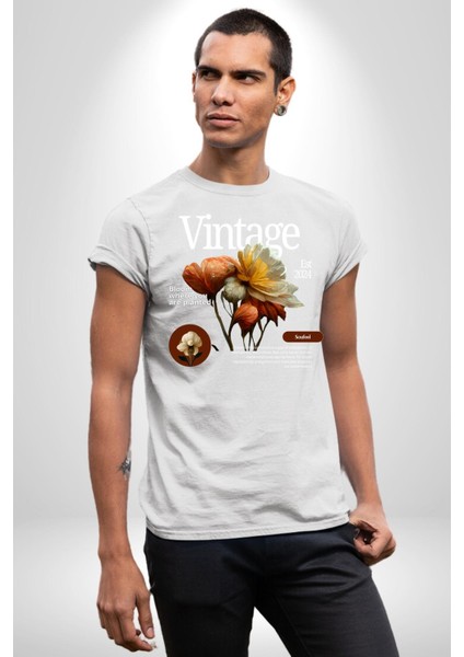 Ekildiğin Yerde Çiçek Aç Vintage Kadın Erkek Ön Baskılı Beyaz Pamuklu Tişört Penye Klasik modelleri