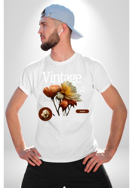Ekildiğin Yerde Çiçek Aç Vintage Kadın Erkek Ön Baskılı Beyaz Pamuklu Tişört Penye Klasik fırsatları
