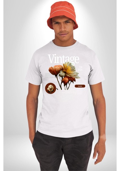 Ekildiğin Yerde Çiçek Aç Vintage Kadın Erkek Ön Baskılı Beyaz Pamuklu Tişört Penye Klasik indirimleri