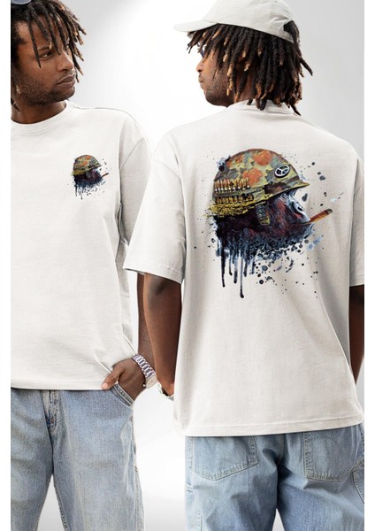 Barış Savaşçısı Goril Kadın Erkek Ön Minimal Sırt Baskılı Beyaz Pamuklu Tişört