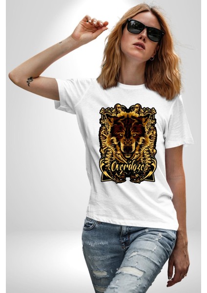 Overdoze Kurt Kemik Kadın Erkek Ön Baskılı Beyaz Pamuklu Tişört Penye Klasik