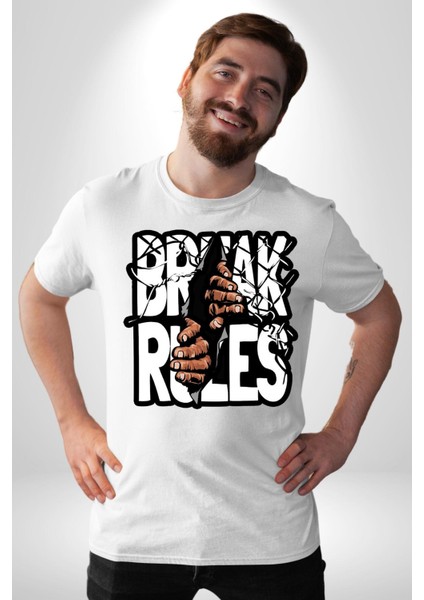 Kuralları Boz Düzene Karşı Çık Kadın Erkek Ön Baskılı Beyaz Pamuklu Tişört Penye Klasik