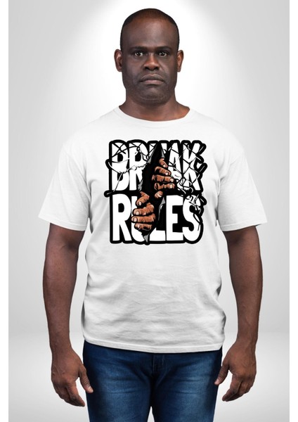 Kuralları Boz Düzene Karşı Çık Kadın Erkek Ön Baskılı Beyaz Pamuklu Tişört Penye Klasik modelleri