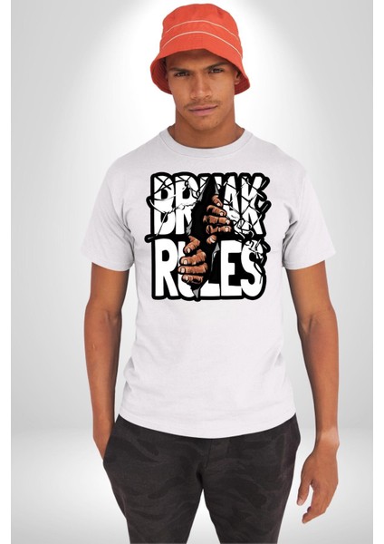 Kuralları Boz Düzene Karşı Çık Kadın Erkek Ön Baskılı Beyaz Pamuklu Tişört Penye Klasik fırsatları