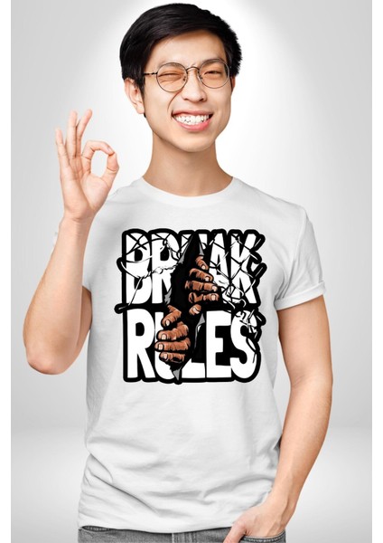 Kuralları Boz Düzene Karşı Çık Kadın Erkek Ön Baskılı Beyaz Pamuklu Tişört Penye Klasik indirimleri