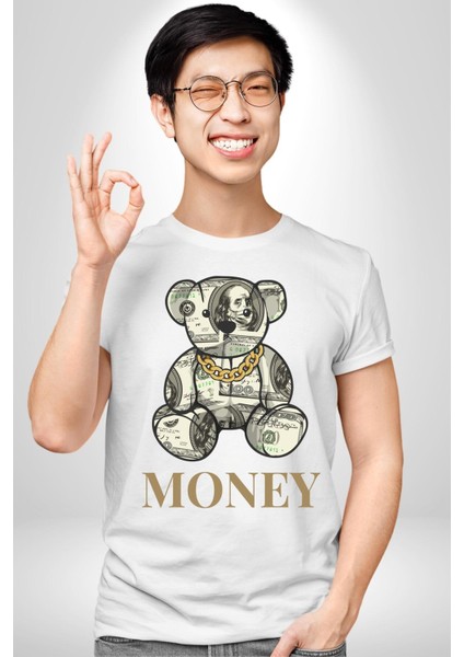 Dolar Ayı Havalı Tasarım Kadın Erkek Ön Baskılı Beyaz Pamuklu Tişört Penye Klasik