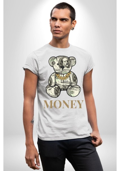 Dolar Ayı Havalı Tasarım Kadın Erkek Ön Baskılı Beyaz Pamuklu Tişört Penye Klasik modelleri