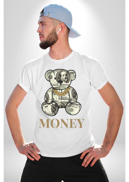 Dolar Ayı Havalı Tasarım Kadın Erkek Ön Baskılı Beyaz Pamuklu Tişört Penye Klasik fırsatları