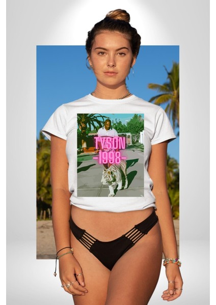 Mike Tyson Boks Efsanesi Kadın Erkek Ön Baskılı Beyaz Pamuklu Tişört Penye Klasik