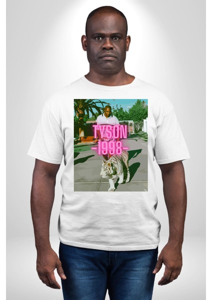Mike Tyson Boks Efsanesi Kadın Erkek Ön Baskılı Beyaz Pamuklu Tişört Penye Klasik modelleri