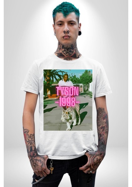 Mike Tyson Boks Efsanesi Kadın Erkek Ön Baskılı Beyaz Pamuklu Tişört Penye Klasik fırsatları
