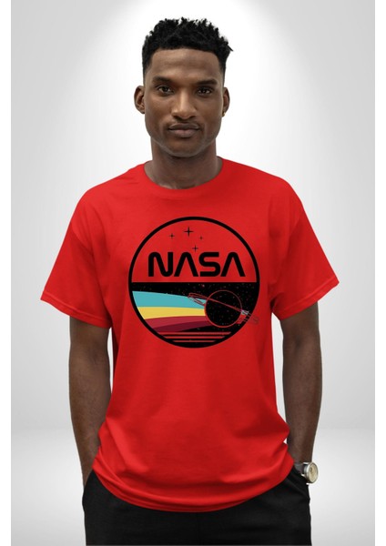 Uzay Satürn Logo Yıldızlar Kadın Erkek Ön Baskılı Kırmızı Pamuklu Tişört Penye Klasik