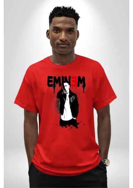 Eminem Rap Tanrısı Kadın Erkek Ön Baskılı Kırmızı Pamuklu Tişört Penye Klasik