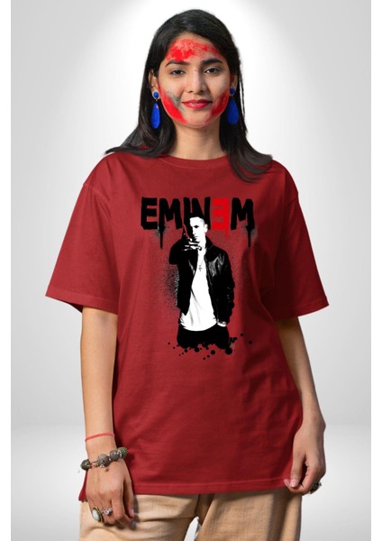 Eminem Rap Tanrısı Kadın Erkek Ön Baskılı Kırmızı Pamuklu Tişört Penye Klasik fırsatları