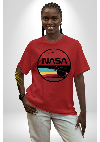 Uzay Satürn Logo Yıldızlar Kadın Erkek Ön Baskılı Kırmızı Pamuklu Tişört Penye Klasik fiyatları