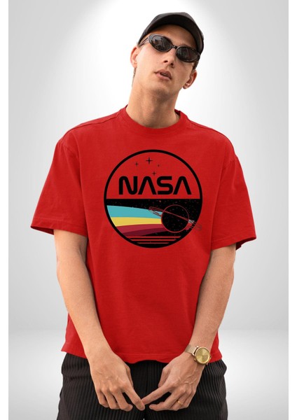 Uzay Satürn Logo Yıldızlar Kadın Erkek Ön Baskılı Kırmızı Pamuklu Tişört Penye Klasik modelleri