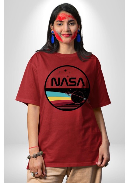 Uzay Satürn Logo Yıldızlar Kadın Erkek Ön Baskılı Kırmızı Pamuklu Tişört Penye Klasik fırsatları