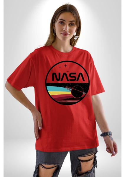 Uzay Satürn Logo Yıldızlar Kadın Erkek Ön Baskılı Kırmızı Pamuklu Tişört Penye Klasik indirimleri