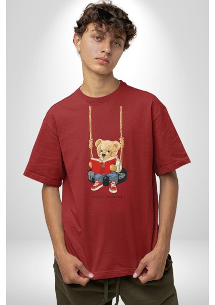 Sallanan Oyuncak Ayı Kadın Erkek Ön Baskılı Kırmızı Pamuklu Tişört Penye Klasik