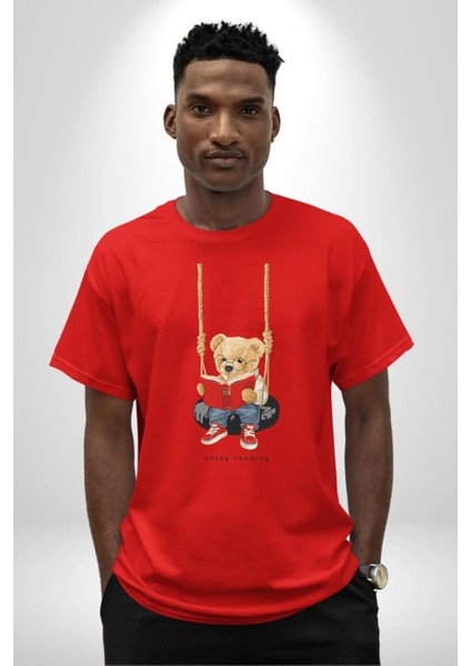 Sallanan Oyuncak Ayı Kadın Erkek Ön Baskılı Kırmızı Pamuklu Tişört Penye Klasik modelleri