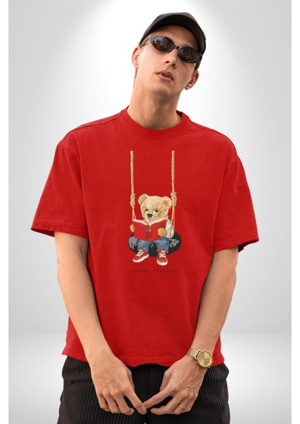 Sallanan Oyuncak Ayı Kadın Erkek Ön Baskılı Kırmızı Pamuklu Tişört Penye Klasik indirimleri