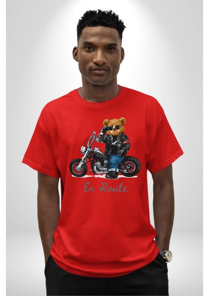 Havalı Motor Süren Oyuncak Ayı Kadın Erkek Ön Baskılı Kırmızı Pamuklu Tişört Penye Klasik fiyatları