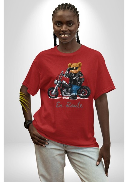 Havalı Motor Süren Oyuncak Ayı Kadın Erkek Ön Baskılı Kırmızı Pamuklu Tişört Penye Klasik modelleri