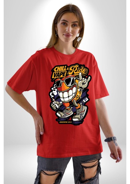 Sakinle ve Yola Devam Et Kadın Erkek Ön Baskılı Kırmızı Pamuklu Tişört Penye Klasik modelleri