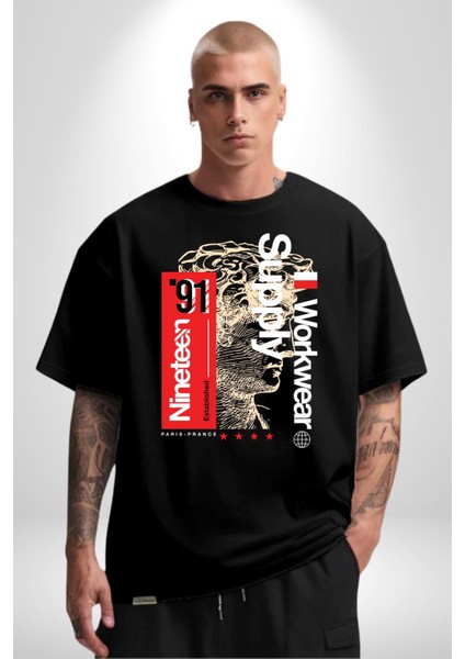 Iş Paris Fransa Ondokuz Sokak Tarzı Kadın Erkek Ön Baskılı Siyah Pamuklu Tişört Penye Klasik