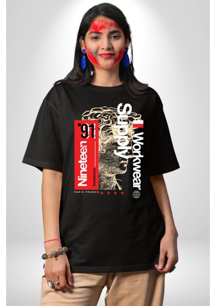 Iş Paris Fransa Ondokuz Sokak Tarzı Kadın Erkek Ön Baskılı Siyah Pamuklu Tişört Penye Klasik modelleri