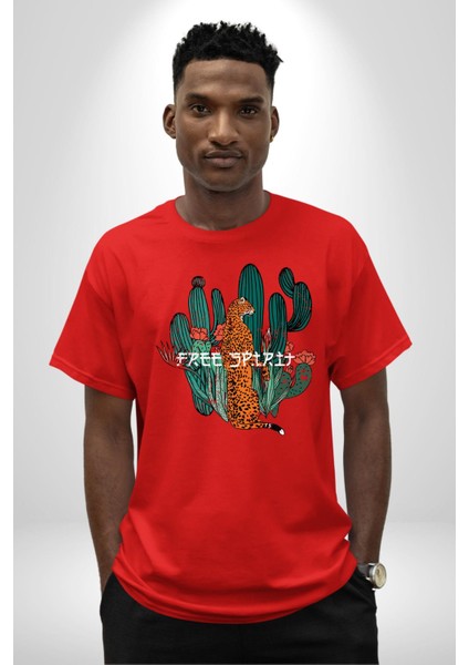 Çöl Kaktüsü Leopar Tasarım Kadın Erkek Ön Baskılı Kırmızı Pamuklu Tişört Penye Klasik fiyatları