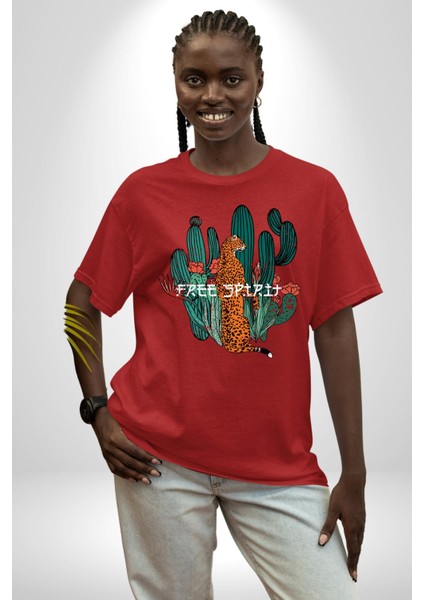 Çöl Kaktüsü Leopar Tasarım Kadın Erkek Ön Baskılı Kırmızı Pamuklu Tişört Penye Klasik modelleri