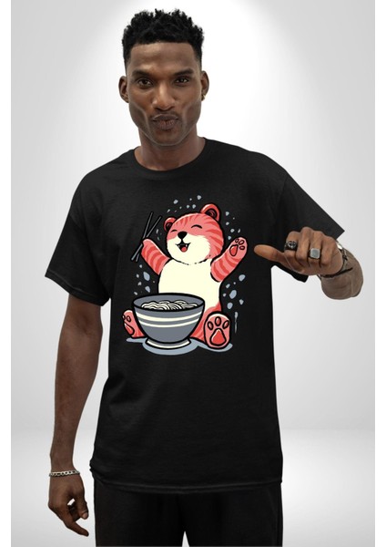 Noodle Yiyen Tatlı Kaplan Kadın Erkek Ön Baskılı Siyah Pamuklu Tişört Penye Klasik