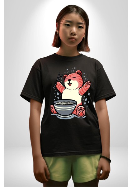 Noodle Yiyen Tatlı Kaplan Kadın Erkek Ön Baskılı Siyah Pamuklu Tişört Penye Klasik fiyatları